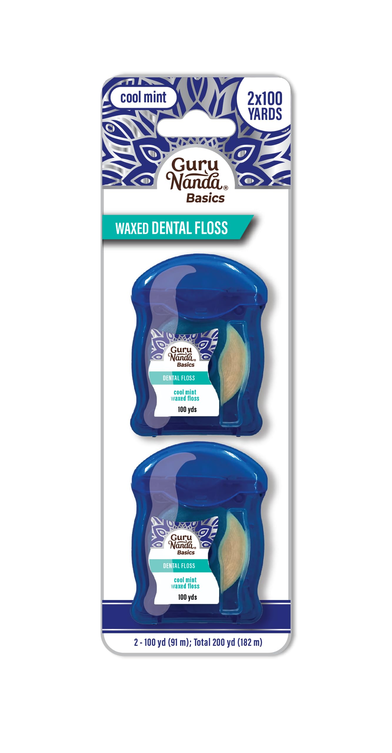GuruNanda Waxed Dental Floss Tape - Smooth Glide for Sensitive Gums and Teeth - Cool Mint Flavor - 2x100 Yards - Pack of 2
